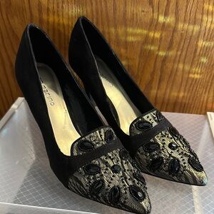 Black and Gold Heels with Ornamental Detailing